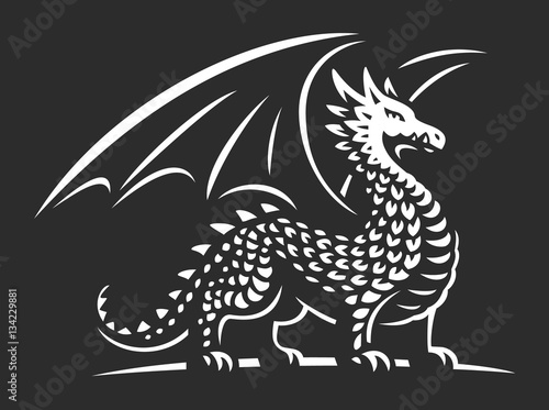Dragon vector illustration, emblem on dark background