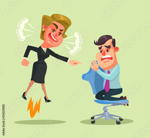 Boss woman character yells at employee man. Vector flat cartoon illustration