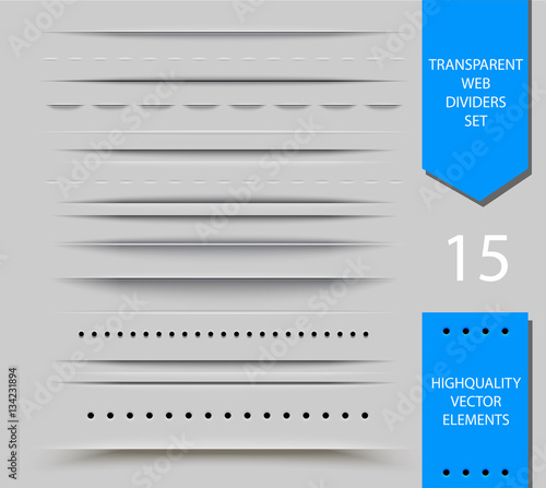 Set of semitransparent web dividers and shadow isolated on light background. Vector translucent delimiter effect illustration