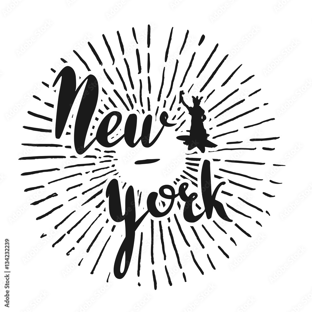 Vector handwritten brush script. white letters isolated on background. New York with ray burst Vector handwritten brush script. white letters isolated on background. New York with ray burst