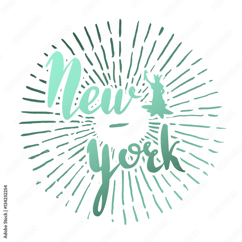 Vector handwritten brush script. white letters isolated on background. New York with ray burst Vector handwritten brush script. white letters isolated on background. New York with ray burst