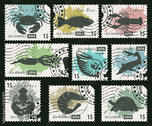 set of postage stamps on the theme of fish and sea life animals