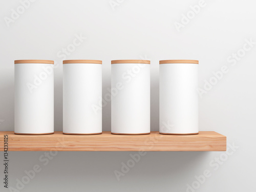 Four White Tin Can Mockup on wooden shelf. Cylindrical packaging, 3d rendering