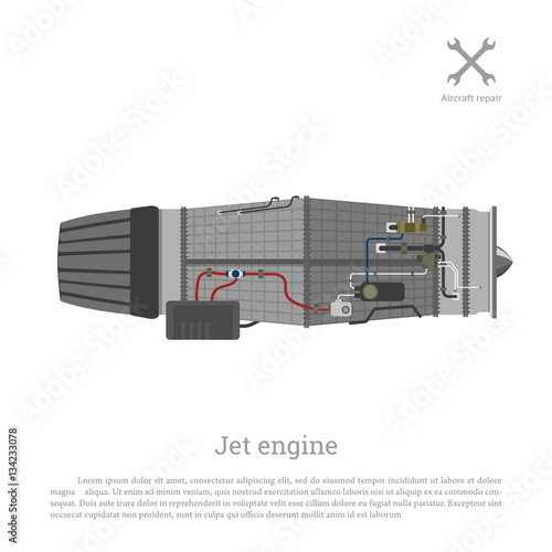 Jet engine in a flat style. Part of the aircraft. Side view. Vec