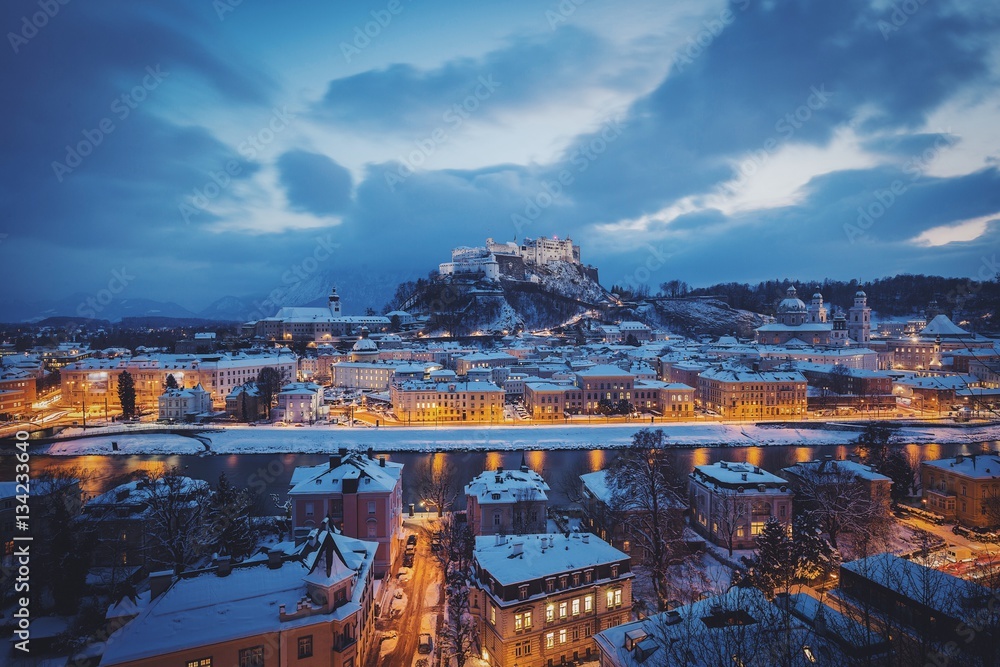 Classic view of Salzburg in winter twilight, Austria