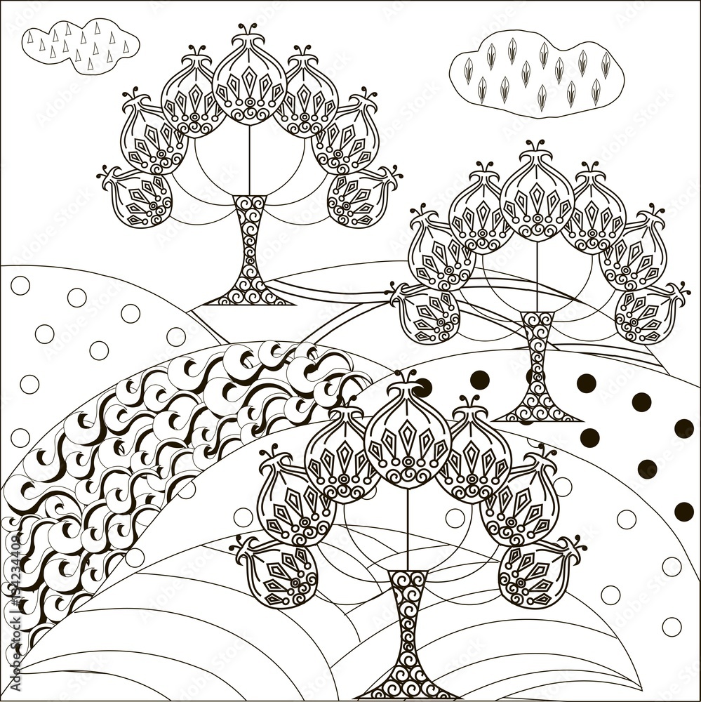 Hand drawn black and white trees on hills background, anti stress ...