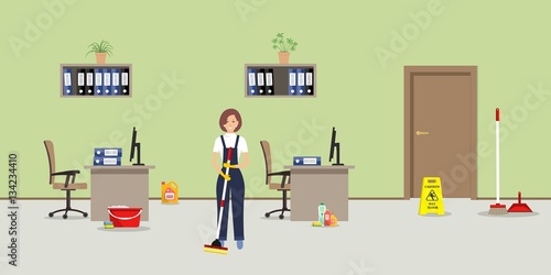 Cleaning in the green office. Cleaning woman standing with a mop in the room. There is also a "Caution! Wet floor" sign, a broom, a scoop in the picture. Vector flat illustration