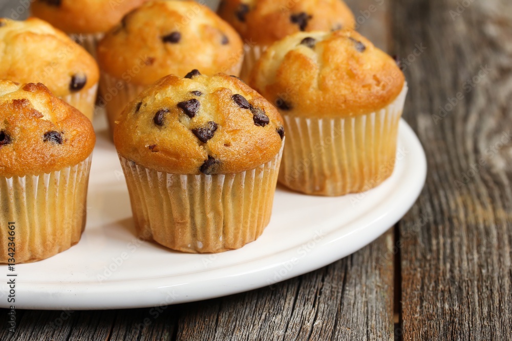 Mini Chocolate chip muffins, selective focus Mini Chocolate chip muffins, selective focus
