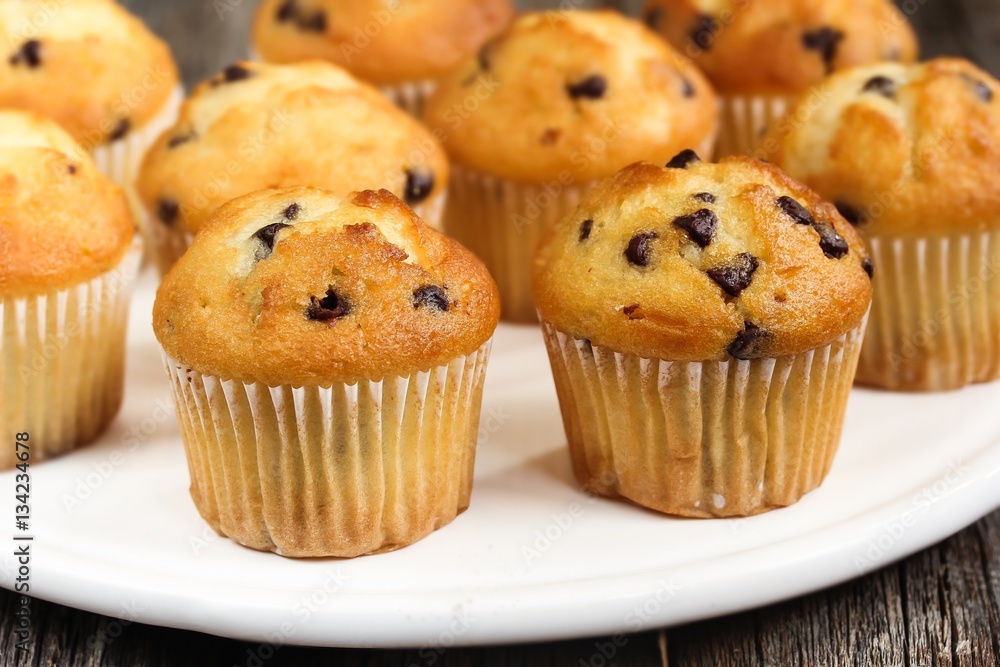 Mini Chocolate chip muffins, selective focus Mini Chocolate chip muffins, selective focus