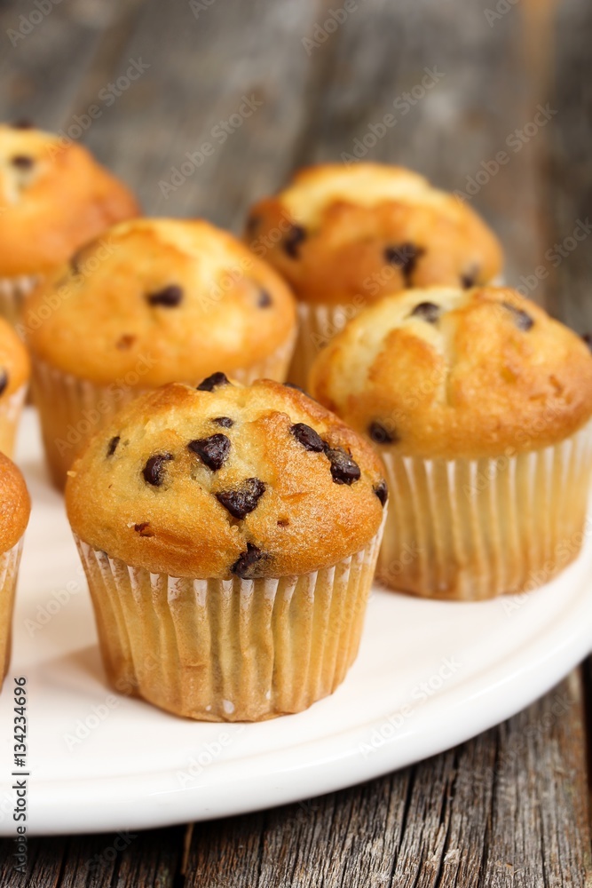 Mini Chocolate chip muffins, selective focus Mini Chocolate chip muffins, selective focus