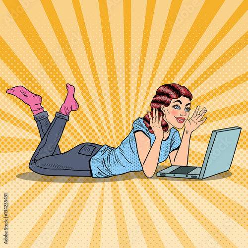 Pop Art Happy Beautiful Woman with Laptop at Home. Vector illustration