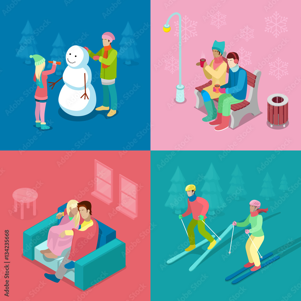 Fototapeta premium Isometric Winter People. Skiing Couple, Girl and Boy Making Snowman, Walking Outdoor. 3d flat vector illustration