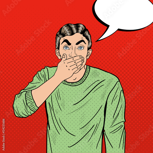 Pop Art Worried Man Closes his Mouth in Shock. Vector illustration