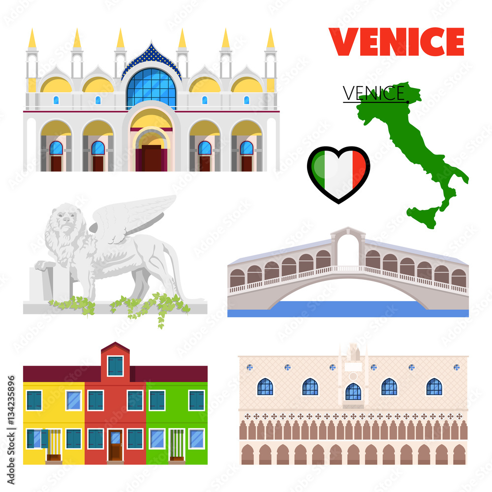 Venice Italy Travel Doodle with Architecture, Lion and Flag. Vector illustration