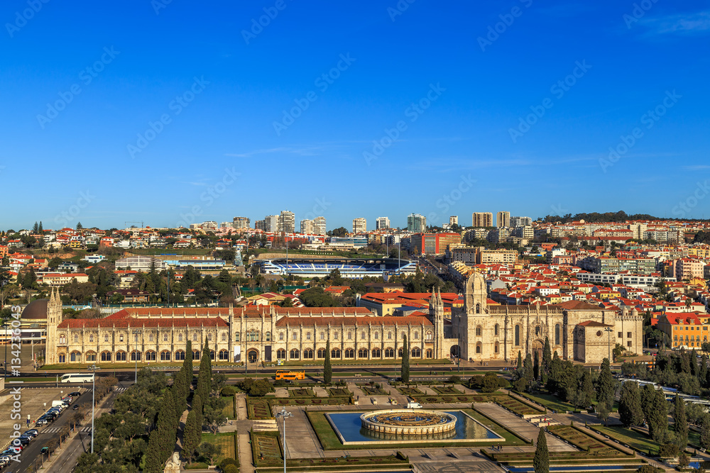 Aerial view of Mosteiro dos Jeronimos, Lisbon, Portugal.