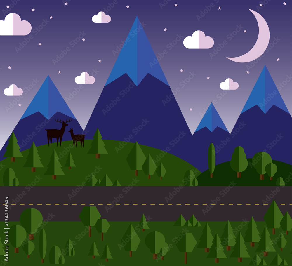 vector illustration Mountain landscape beside the road, the hills are covered with forests, moonlit night, stars in the sky