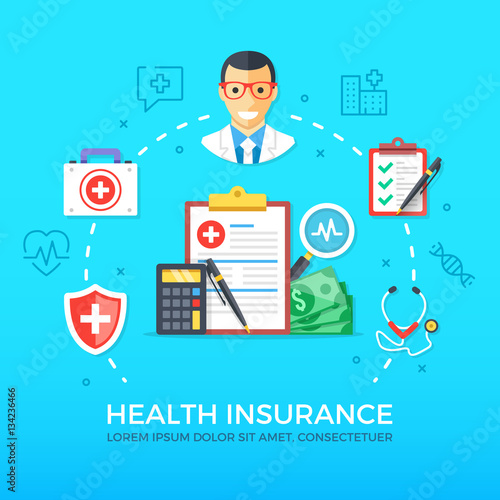 Health insurance. Healthcare, medicine. Flat design graphic elements, line icons set. Premium quality. Modern concepts for web banners, websites, infographics, printed materials. Vector illustration