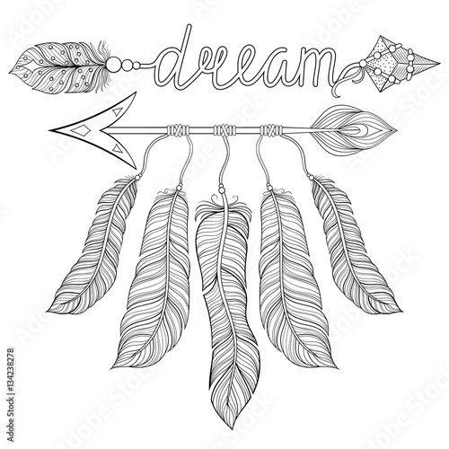 Boho chic ethnic dream Arrow with feathers, dream catcher. Hand