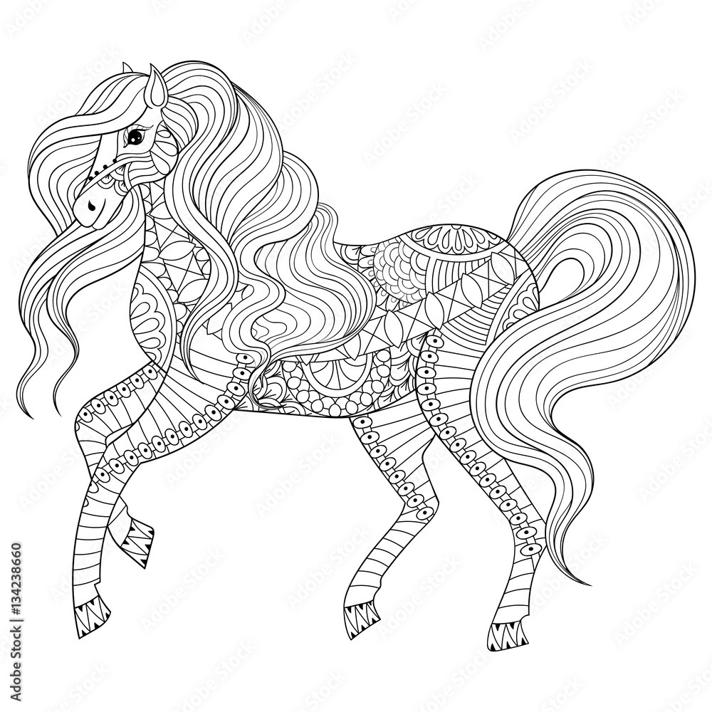 Hand drawn zentangle horse for adult coloring page, art therapy, Stock