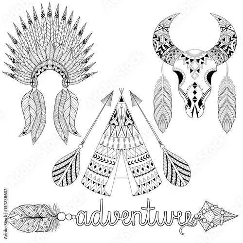 Hand drawn American native wigwam, warbonnet, animal skull with