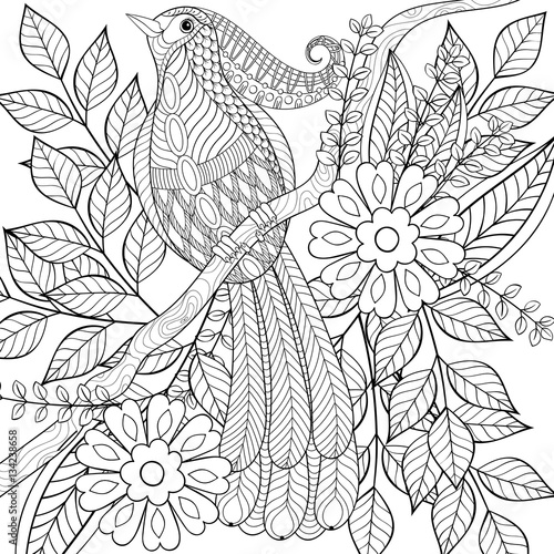 Hand drawn zentangle exotic tropical bird sitting on blooming tr