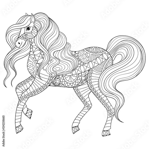 Hand drawn zentangle horse for adult coloring page, art therapy,
