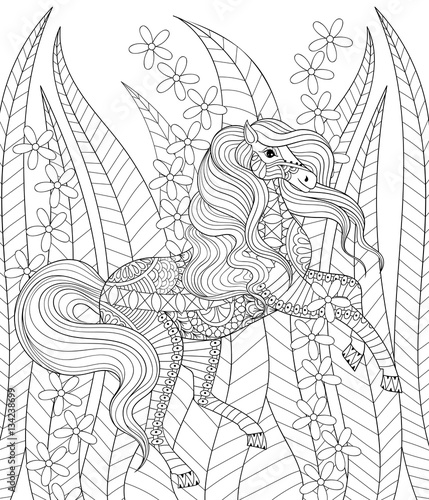 Hand drawn zentangle horse in grass and flowers for adult anti s