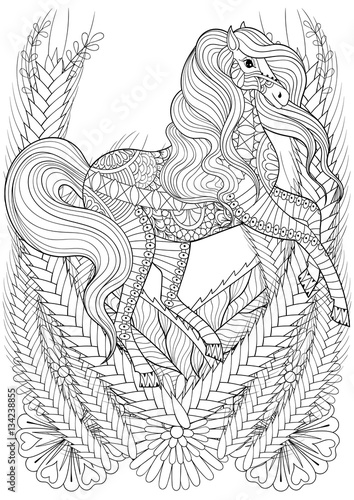 Racing horse in flowers adult anti stress coloring page. Hand dr