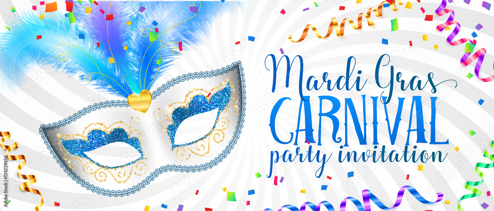 White Mardi Gras banner template with blue carnival mask with feathers - obrazy, fototapety, plakaty 