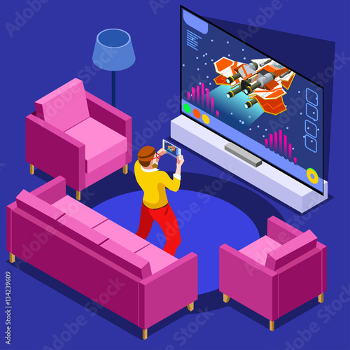 Video game screen and gamer person gaming online with console controller android phone or computer. 3D Isometric People icon set. Creative design vector illustration collection