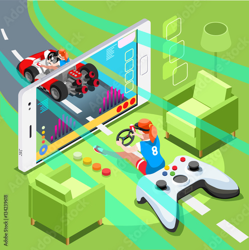 Video game screen and gamer person gaming online with console controller android phone or computer. 3D Isometric People icon set. Creative design vector illustration collection