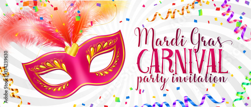 White Mardi Gras flyer template with pink carnival mask with feathers