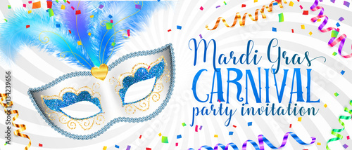 White Mardi Gras banner template with blue carnival mask with feathers