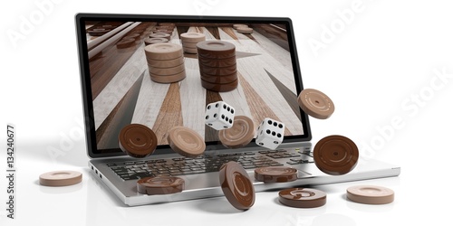 Photos Wooden backgammon out of a laptop. 3d illustration