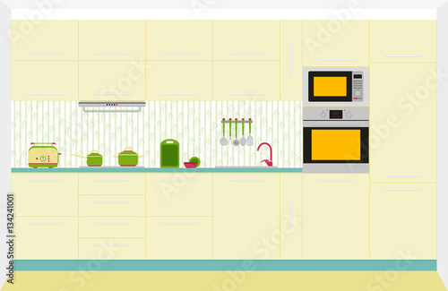 Kitchen interior design. Front view. Vector illustration.