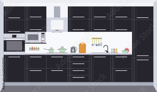 Kitchen interior design. Front view. Vector illustration.