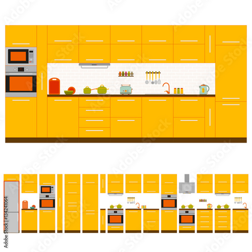 Kitchen interior design set. Front view. Vector illustration.