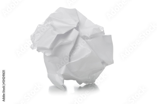 Crumbled white paper ball on white background