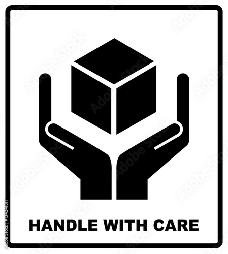 Handle with care sign isolated on white background. Vector illustration. Black silhouettes of box and hands. Package flat symbol