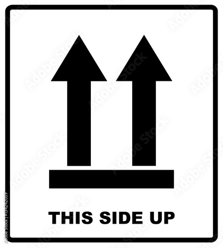 Top side, This side up symbol. Icon of Side Up sign. Vector illustration. Black silhouettes of arrows, packaging banner isolated on white.