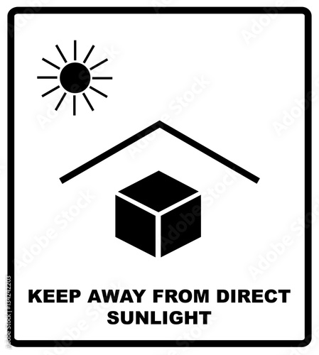 Vector illustration of the package sign - Keep away from heat - Solar radiation. Keep away from direct sunlight text. Packaging label. Black silhouettes, symple flat style.