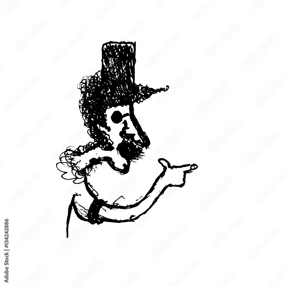 Vector doodle or sketch shaggy man with glasses and a cap, which shows Vector doodle or sketch shaggy man with glasses and a cap, which shows