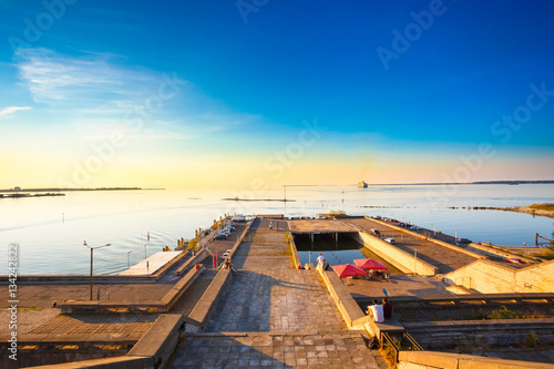 Tallinn, Estonia. Linnahall at sunset sunrise time in summer sea photo