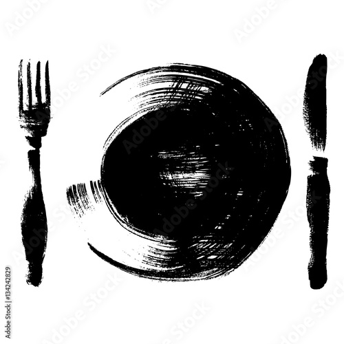 Sketch of plate, knife, fork isolated on white. 