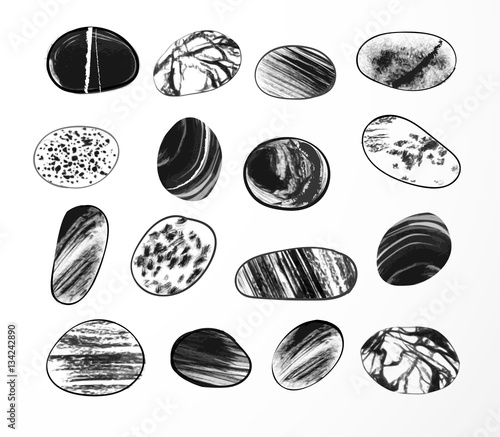 Collection of textured Pebble stones hand drawn with ink on white background. Traditional Japanese ink painting sumi-e