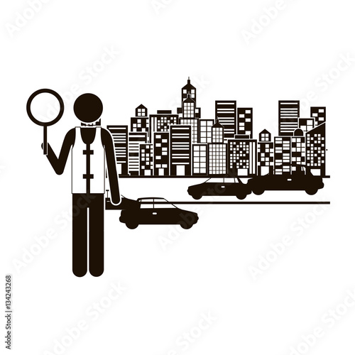 black silhouette traffic guard in city with cars vector illustration