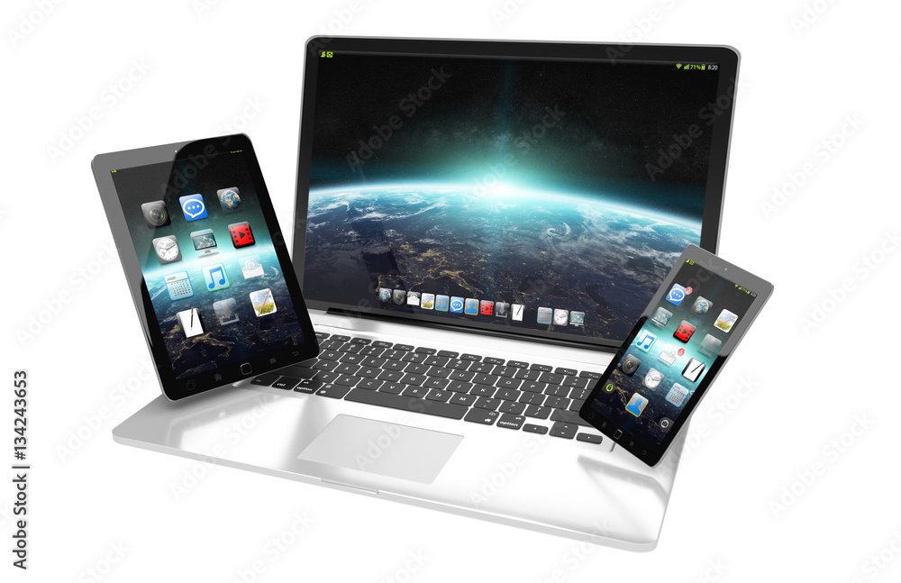 Laptop mobile phone and tablet connected to each other 3D render