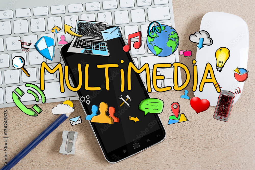 Handdrawn multimedia icons on office background StockFoto Adobe Stock