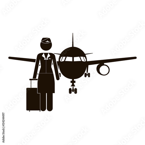 black silhouette flight attendant and aeroplane vector illustration