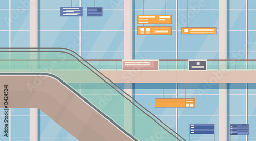 Empty Airport Hall Departure Terminal Interior Moving Staircase Flat Vector Illustration